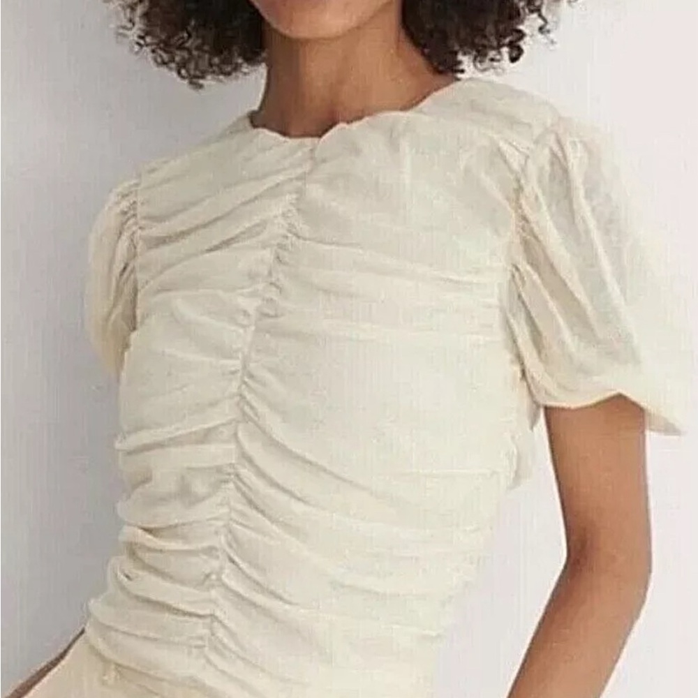 Mango ivory off white Cream mesh tulle lined ruched puff sleeve cropped top M